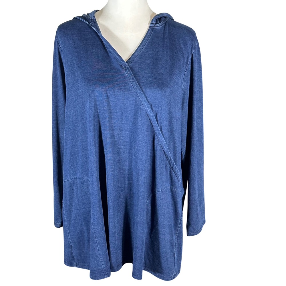 Pure Jill Hooded Tunic Women 1X Blue Crossover V-Neck Pockets Stretch Sweater